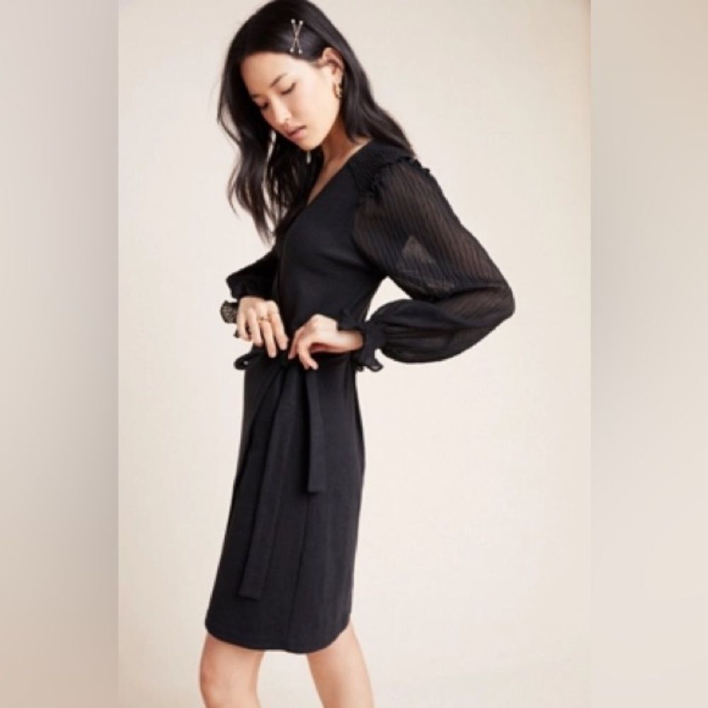 Anthropologie Rosaria Wrap Dress Black Sheer Sleeves Size XL